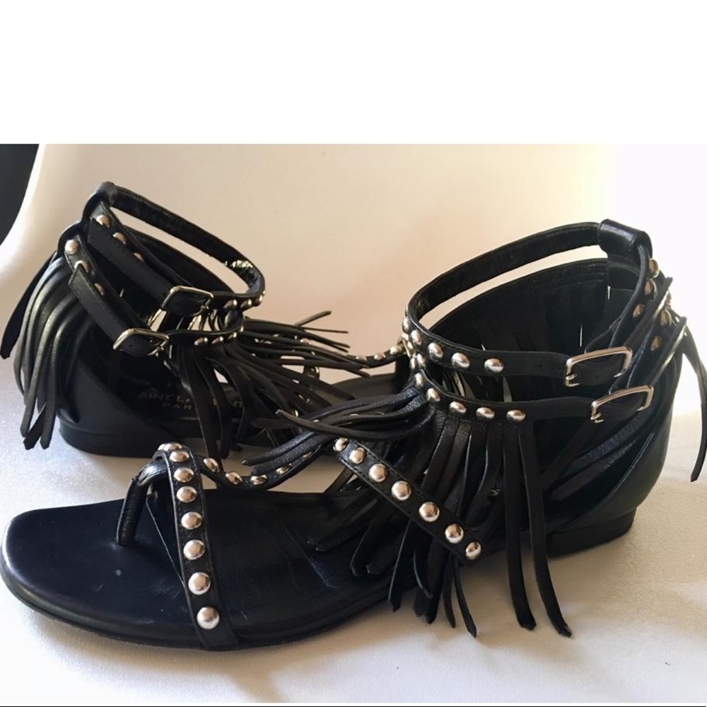 St Laurent black leather studded gladiator sandals